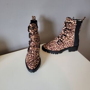 Design Lab Electra Leopard Print Buckle Strap Combat Boots, BNWT, Size 7